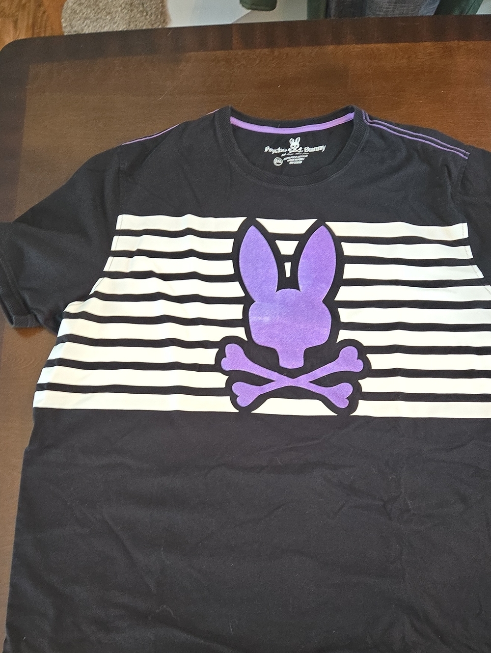 Psycho Bunny Black & White Striped Tee with Purple Bunny Logo 3XL